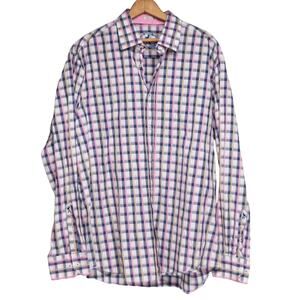 Men's XL Dress Shirt BUGATCHI Button Up Long Sleeve Cotton Blend Pink Blue Gold